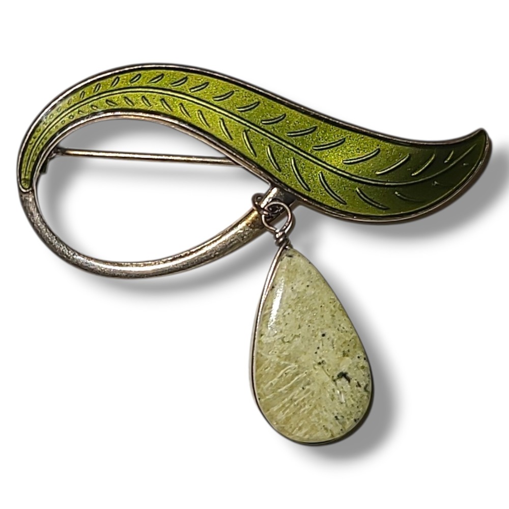 Aksel Holmsen Norway Sterling 925 Enamel Leaf Brooch Pin Green Yellow Drop